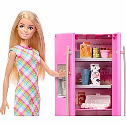 Barbie Doll & Kitchen Playset with Refrigerator & 10 Accessories Including Food, Plus Stickers