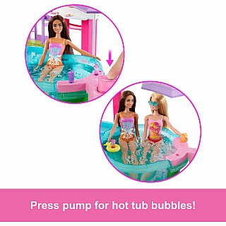 Barbie Dream Pool Playset with Slide & Bubbling Hot Tub, 20+ Accessories Including Pet, Floaties & More