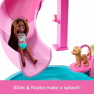 Barbie Dream Pool Playset with Slide & Bubbling Hot Tub, 20+ Accessories Including Pet, Floaties & More