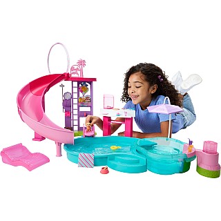 Barbie Dream Pool Playset with Slide & Bubbling Hot Tub, 20+ Accessories Including Pet, Floaties & More