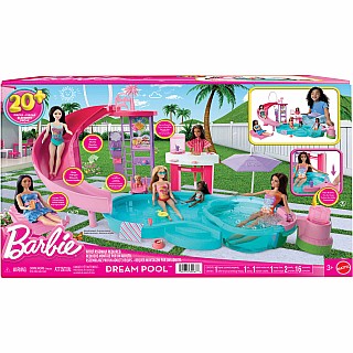 Barbie Dream Pool Playset with Slide & Bubbling Hot Tub, 20+ Accessories Including Pet, Floaties & More