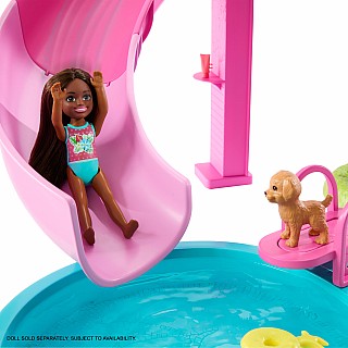 Barbie Dream Pool Playset with Slide & Bubbling Hot Tub, 20+ Accessories Including Pet, Floaties & More