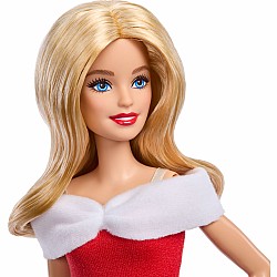 Barbie Style Doll with Santa-Inspired Dress and Accessories, Blonde Hair and Gold Present