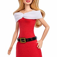 Barbie Style Doll with Santa-Inspired Dress and Accessories, Blonde Hair and Gold Present