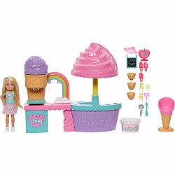 Barbie Chelsea Club Ice Cream Shop Playset with Doll, 2 Dough Colors, and Accessories