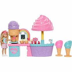 Barbie Chelsea Club Ice Cream Shop Playset with Doll, 2 Dough Colors, and Accessories