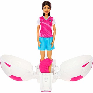 Barbie Team Roll and Reveal Soccer Player Doll and Accessories with Brunette Fashion Doll, 8 Surprises & Soccer Ball Encasement