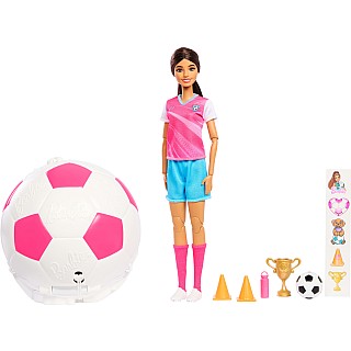 Barbie Team Roll and Reveal Soccer Player Doll and Accessories with Brunette Fashion Doll, 8 Surprises & Soccer Ball Encasement
