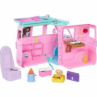 Barbie Dream Land Road Trip Camper with 4 Areas of Play, 20 Pieces, Smores, and Puppy