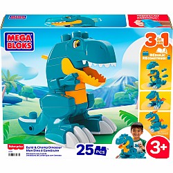 MEGA BLOKS Fisher-Price Build & Chomp Dinosaur T-Rex Block Toy with Rolling Wheels (25 Pieces) for Kids