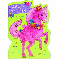 Pink Pony Glitter Birthday Card