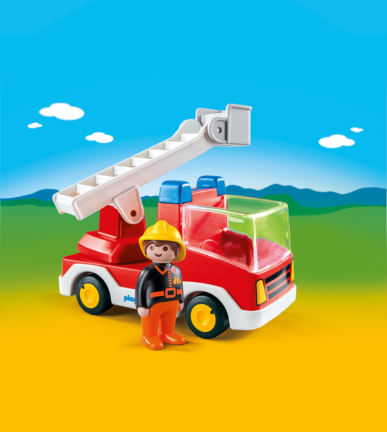 Playmobil 1.2.3 Ladder Unit Fire Truck With Fireman Figure Kids Model Toy