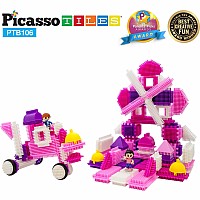 PicassoTiles PTB106 Pink Castle Hedgehog Building Blocks 106 pc Basic Building Set