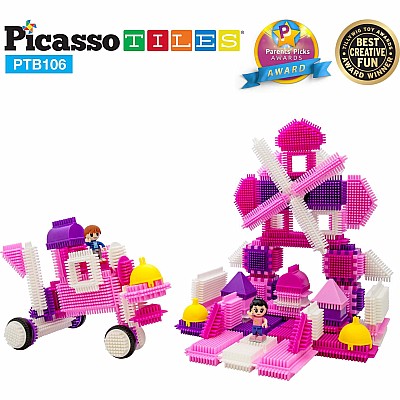 PicassoTiles PTB106 Pink Castle Hedgehog Building Blocks 106 pc Basic Building Set