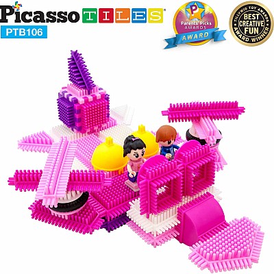 PicassoTiles PTB106 Pink Castle Hedgehog Building Blocks 106 pc Basic Building Set