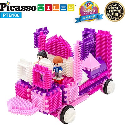 PicassoTiles PTB106 Pink Castle Hedgehog Building Blocks 106 pc Basic Building Set