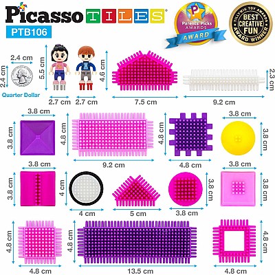 PicassoTiles PTB106 Pink Castle Hedgehog Building Blocks 106 pc Basic Building Set