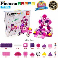 PicassoTiles PTB106 Pink Castle Hedgehog Building Blocks 106 pc Basic Building Set