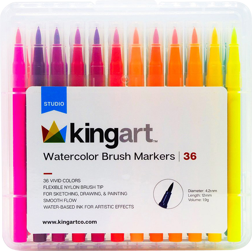 KINGART™ Watercolor Brush Tip Markers, Set of 36 - Over the Rainbow