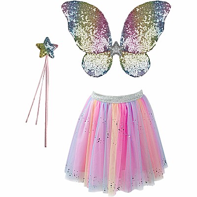 Great Pretenders Rainbow Sequins Skirt, Wings and Wand Dress up set