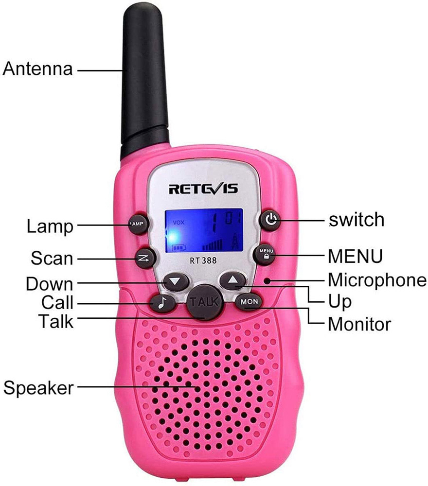 Retevis RT388 Walkie Talkies para niños recargables, para niñas de 5 a 13  años, paquete de 2 walkie talkie rosa, paquete de 2 con baterías de cable  de
