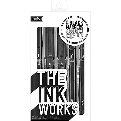 The Ink Works 5 Black Markers Assorted Sizes