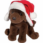 Chocolate Lab with Santa Bomber Hat