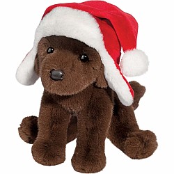 Chocolate Lab with Santa Bomber Hat