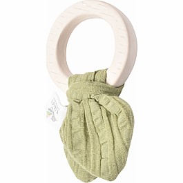 Natural Organic Rubber Teething Ring- With Olive Green Muslin Tie