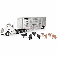 Freightliner 1:32 Scale 122SD Semi with Cattle Trailer and 8 Toy Cows