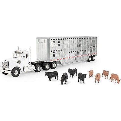 Freightliner 1:32 Scale 122SD Semi with Cattle Trailer and 8 Toy Cows