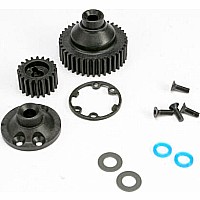 Gears, differential 38-T (1)/ differential drive gear 20-T/ side cover plate (1)/ gasket (1)/ output gear seals (x-ring) (2)/ 2