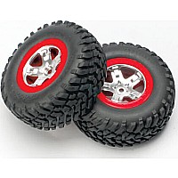 Tires & wheels, assembled, glued (SCT satin chrome, red-beadlock style wheels, SCT off-road tires, foam inserts) (2) (4WD front