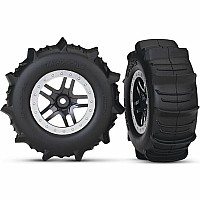 Tires & wheels, assembled, glued (SCT Split-Spoke satin chrome, beadlock style wheels, paddle tires, foam inserts) (2) (4WD fro