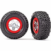 Tires and wheels, assembled, glued (SCT satin chrome wheels, red beadlock style, SCT off-road racing tires, foam inserts) (1 ea