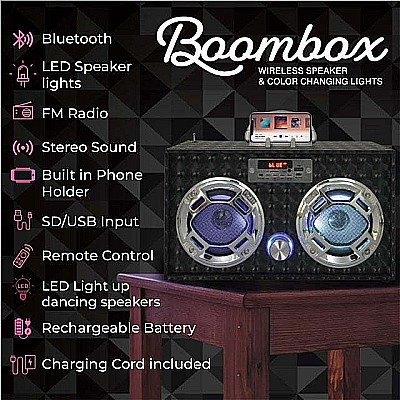 Bluetooth FM Radio W LED Speakers Black Boombox